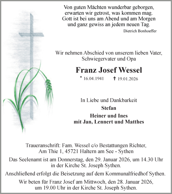 Traueranzeige von Franz Josef Wessel von Ruhr Nachrichten und Halterner Zeitung