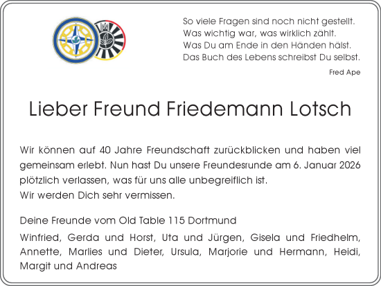 Traueranzeige von Friedemann Lotsch von Ruhr Nachrichten