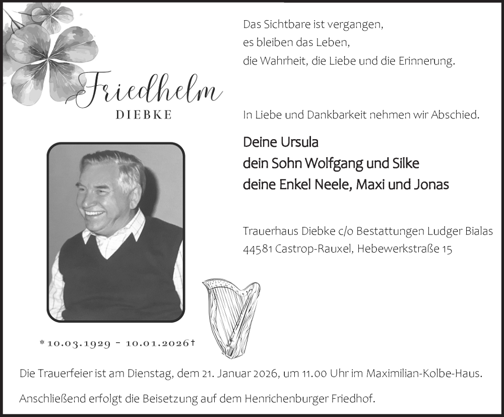 Traueranzeige für Friedhelm Diebke vom 17.01.2026 aus Stadtanzeiger Castrop-Rauxel