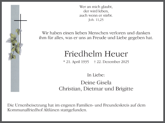 Traueranzeige von Friedhelm Heuer von Lüner Anzeiger