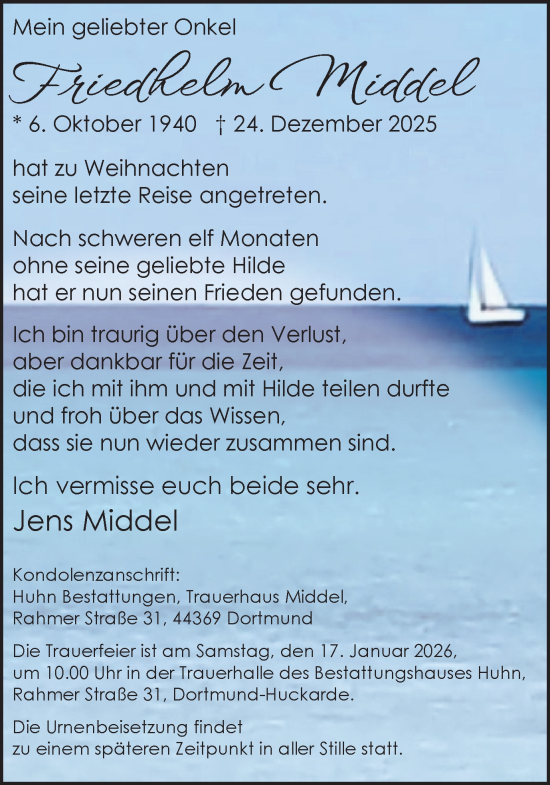 Traueranzeige von Friedhelm Middel von Ruhr Nachrichten