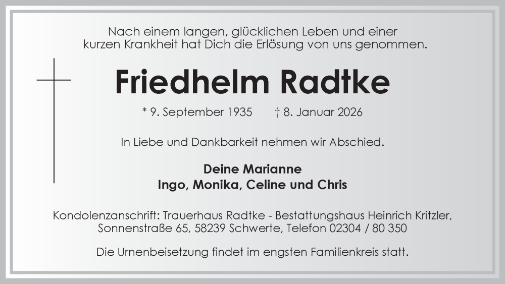  Traueranzeige für Friedhelm Radtke vom 24.01.2026 aus Ruhr Nachrichten