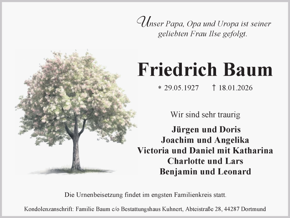  Traueranzeige für Friedrich Baum vom 24.01.2026 aus Ruhr Nachrichten