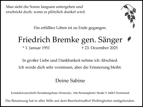 Traueranzeige von Friedrich Bremke von Ruhr Nachrichten