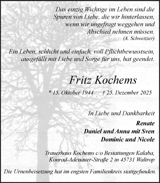 Traueranzeige von Fritz Kochems von Trauer Vest