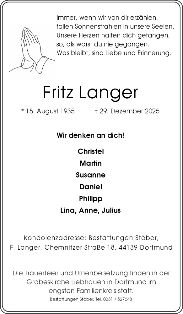  Traueranzeige für Fritz Langer vom 24.01.2026 aus Ruhr Nachrichten