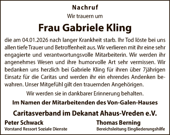 Traueranzeige von Gabriele Kling von Münsterland Zeitung