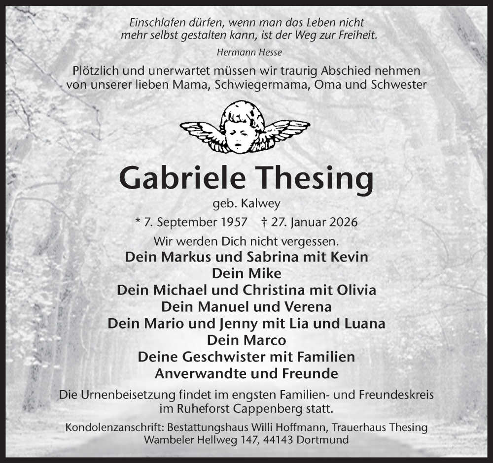  Traueranzeige für Gabriele Thesing vom 31.01.2026 aus Ruhr Nachrichten