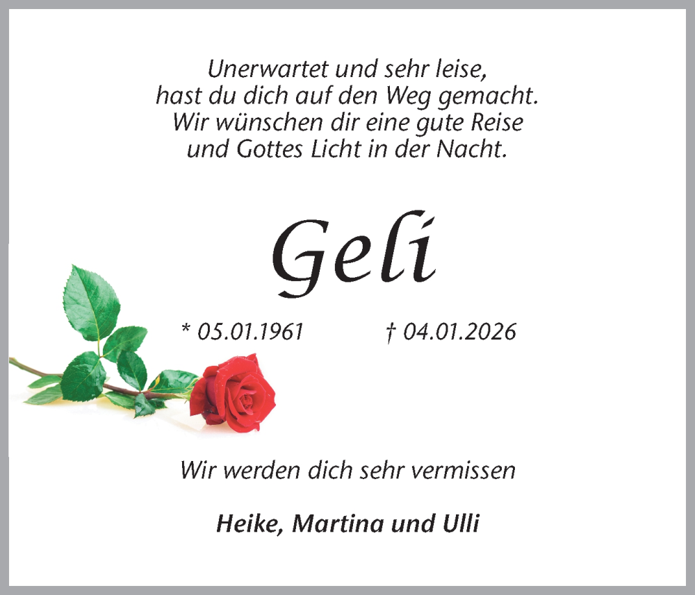  Traueranzeige für Geli  vom 10.01.2026 aus Trauer Vest