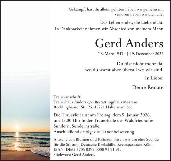 Traueranzeige von Gerd Anders von Ruhr Nachrichten und Halterner Zeitung