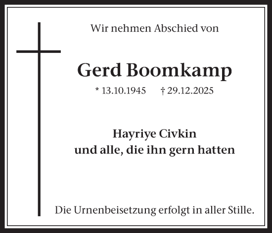 Traueranzeige von Gerd Boomkamp von Trauer Vest
