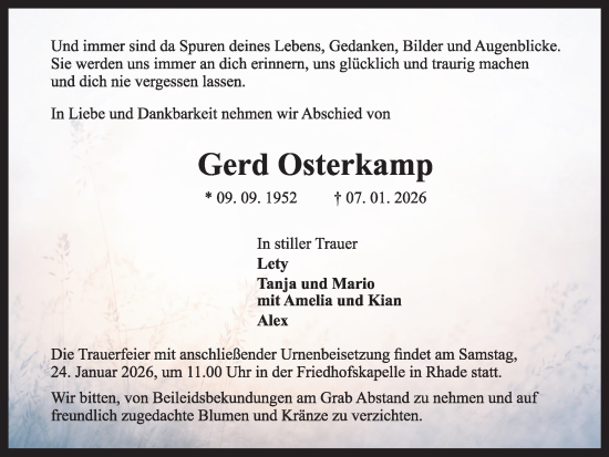 Traueranzeige von Gerd Osterkamp von Ruhr Nachrichten und Dorstener Zeitung