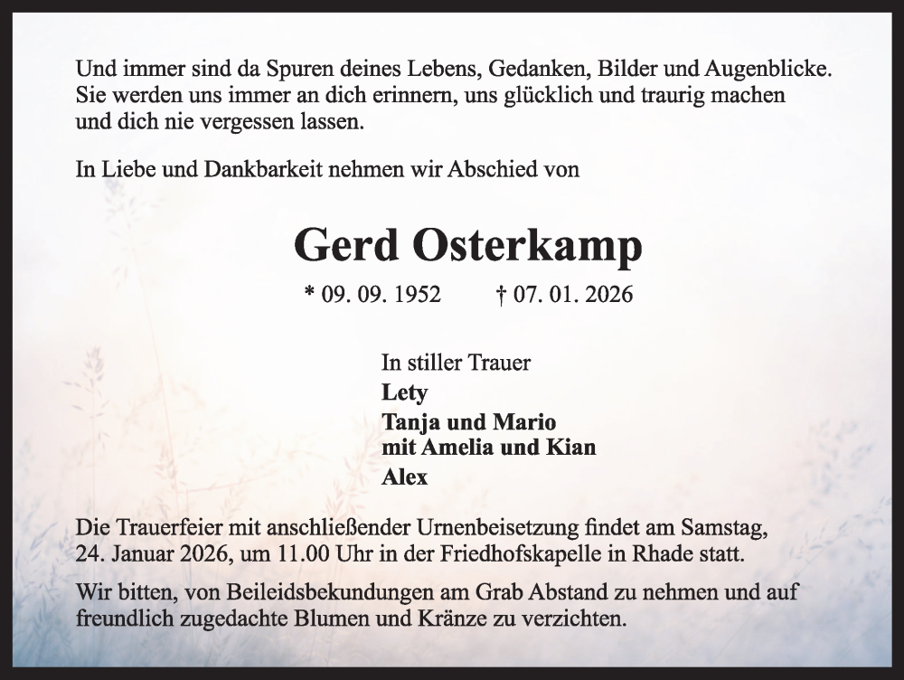  Traueranzeige für Gerd Osterkamp vom 17.01.2026 aus Ruhr Nachrichten und Dorstener Zeitung
