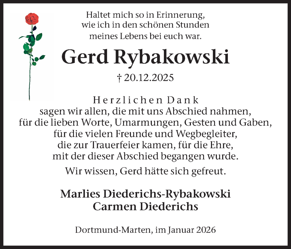  Traueranzeige für Gerd Rybakowski vom 24.01.2026 aus Ruhr Nachrichten