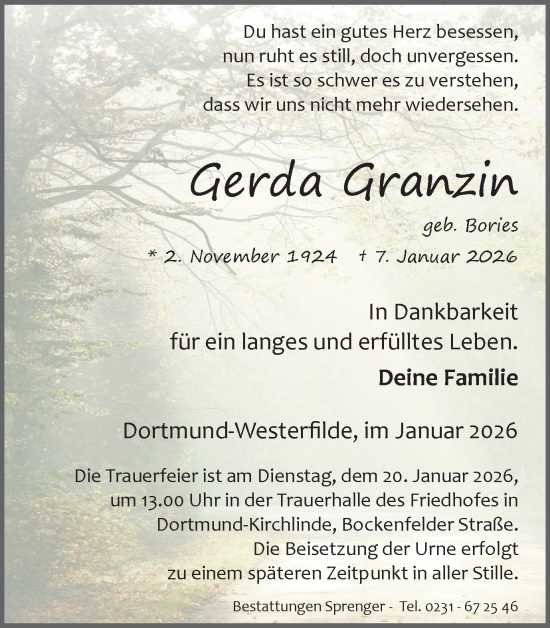 Traueranzeige von Gerda Granzin von Ruhr Nachrichten