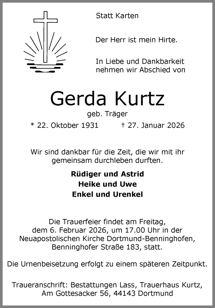  Traueranzeige für Gerda Kurtz vom 31.01.2026 aus Ruhr Nachrichten