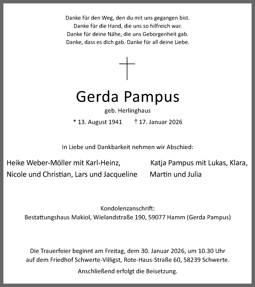  Traueranzeige für Gerda Pampus vom 24.01.2026 aus Ruhr Nachrichten