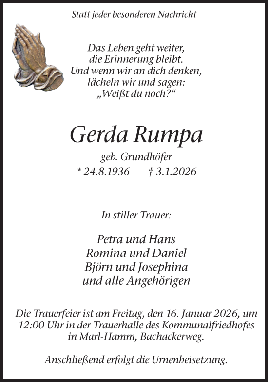 Traueranzeige von Gerda Rumpa von Trauer Vest