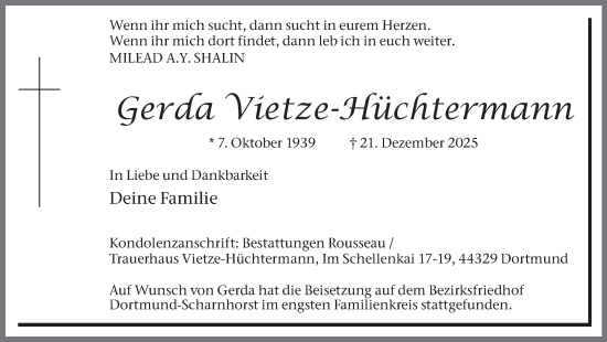 Traueranzeige von Gerda Vietze-Hüchtermann von Ruhr Nachrichten