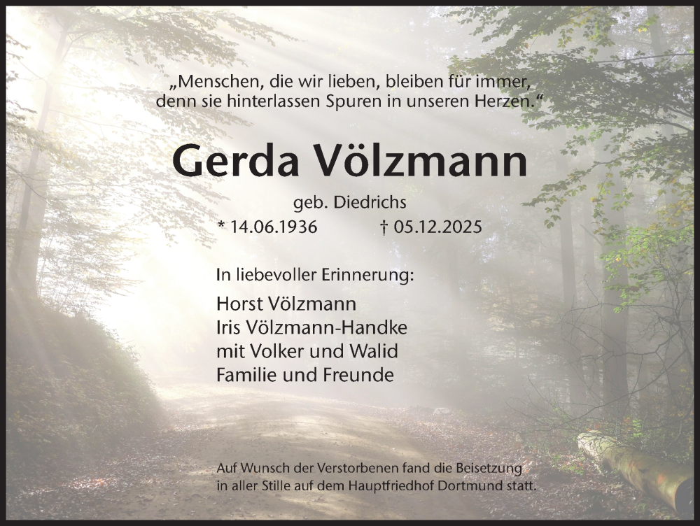  Traueranzeige für Gerda Völzmann vom 21.01.2026 aus Ruhr Nachrichten