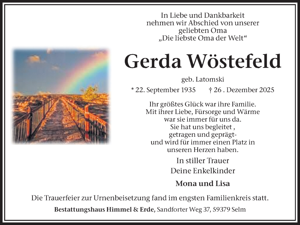  Traueranzeige für Gerda Wöstefeld vom 10.01.2026 aus Ruhr Nachrichten