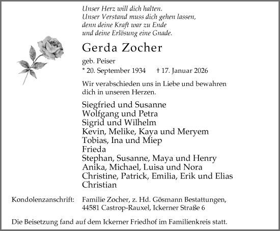 Traueranzeige von Gerda Zocher von Stadtanzeiger Castrop-Rauxel