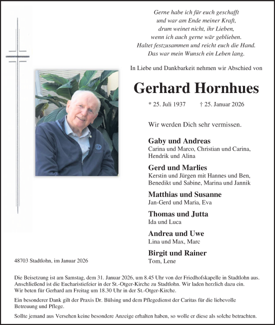 Traueranzeige von Gerhard Hornhues von Münsterland Zeitung