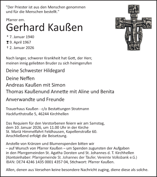 Traueranzeige von Gerhard Kaußen von Ruhr Nachrichten und Dorstener Zeitung