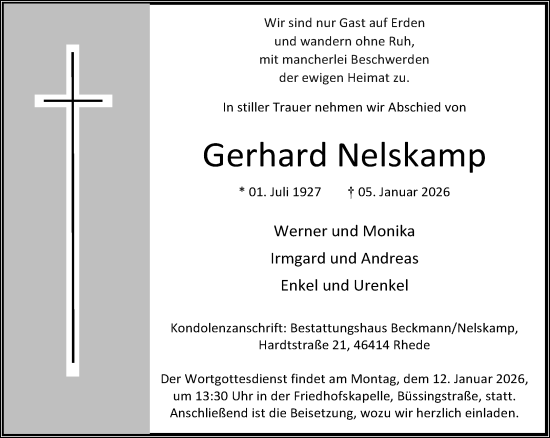 Traueranzeige von Gerhard Nelskamp 