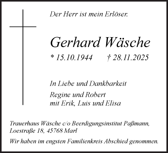 Traueranzeige von Gerhard Wäsche von Trauer Vest