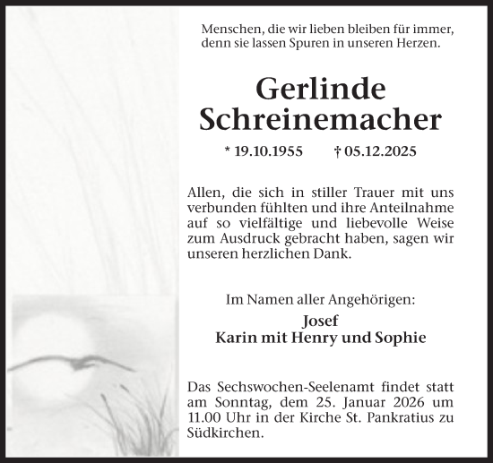 Traueranzeige von Gerlinde Schreinemacher von Ruhr Nachrichten