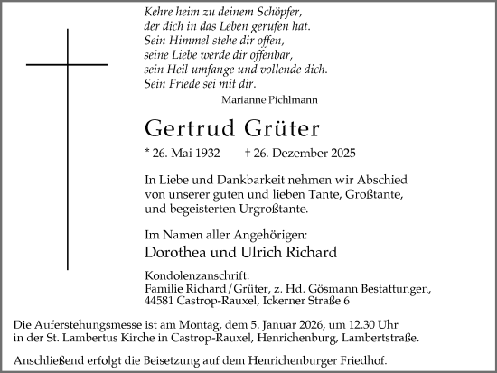 Traueranzeige von Gertrud Grüter von Ruhr Nachrichten