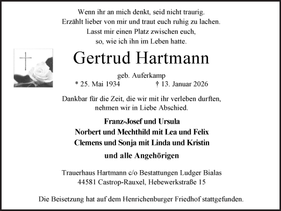 Traueranzeige von Gertrud Hartmann von Stadtanzeiger Castrop-Rauxel