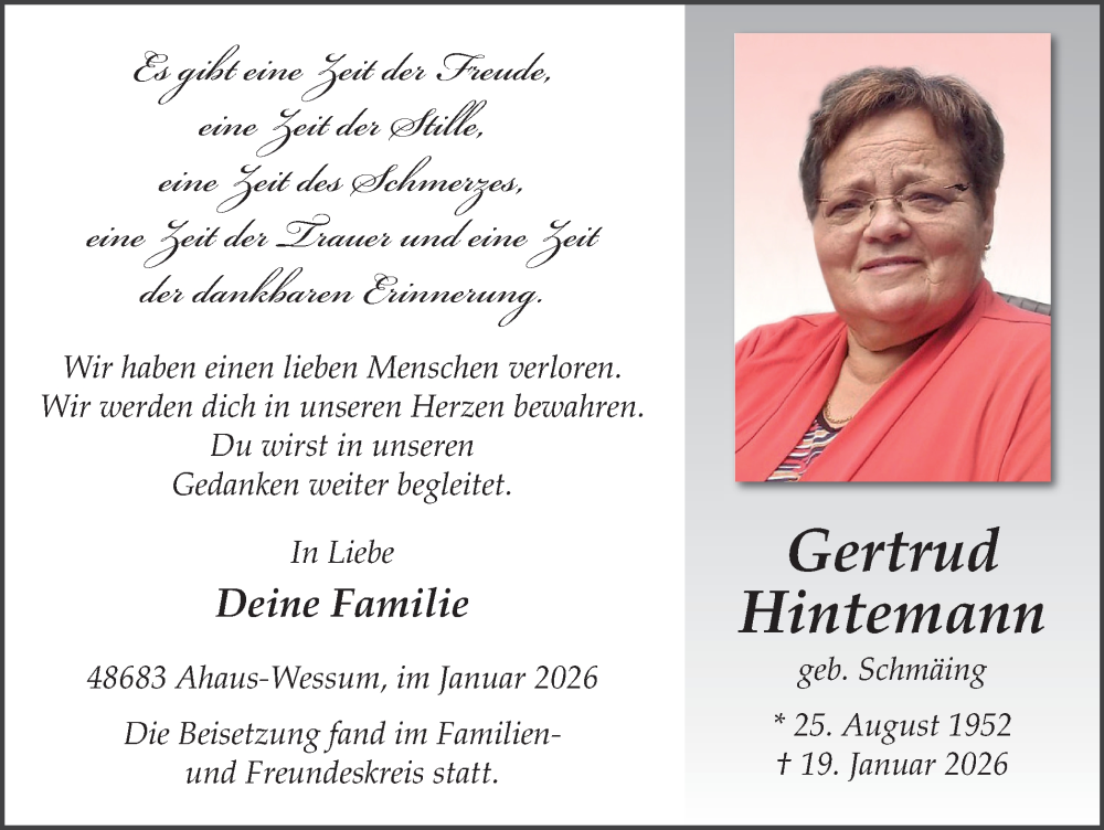  Traueranzeige für Gertrud Hintemann vom 28.01.2026 aus Münsterland Zeitung