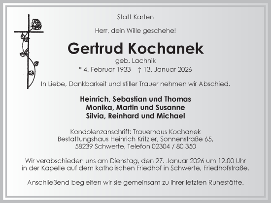 Traueranzeige von Gertrud Kochanek von Ruhr Nachrichten