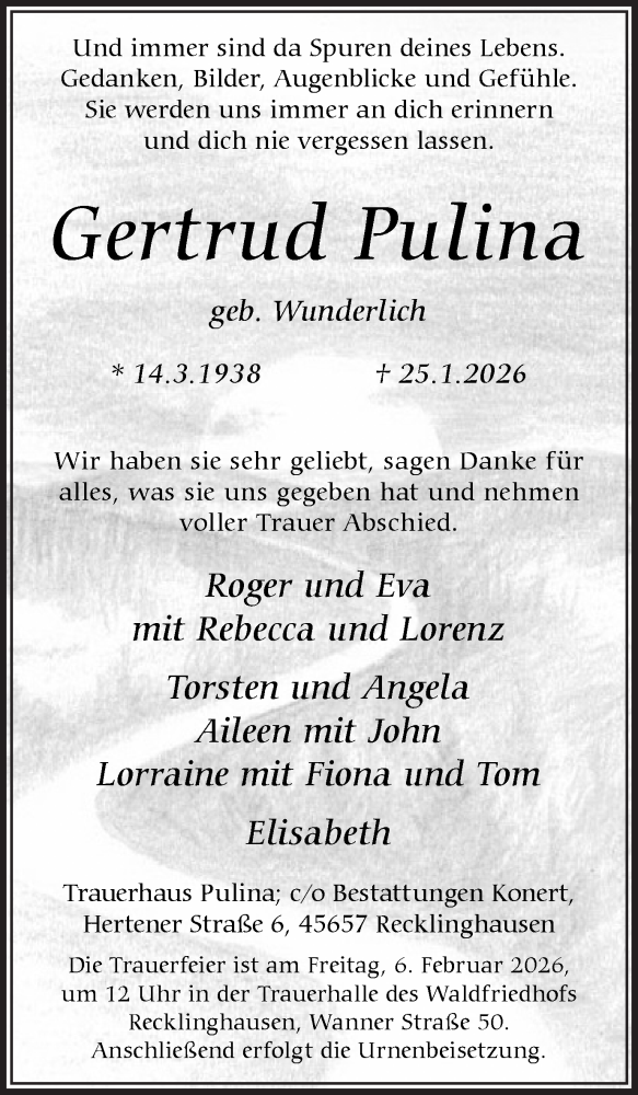  Traueranzeige für Gertrud Pulina vom 31.01.2026 aus Trauer Vest