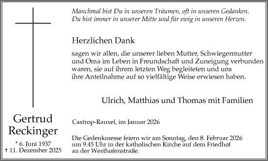 Traueranzeige von Gertrud Reckinger von Stadtanzeiger Castrop-Rauxel