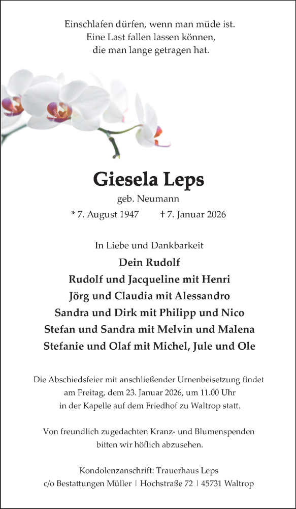  Traueranzeige für Giesela Leps vom 17.01.2026 aus Trauer Vest