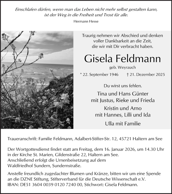 Traueranzeige von Gisela Feldmann von Ruhr Nachrichten und Halterner Zeitung