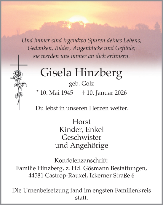 Traueranzeige von Gisela Hinzberg von Stadtanzeiger Castrop-Rauxel