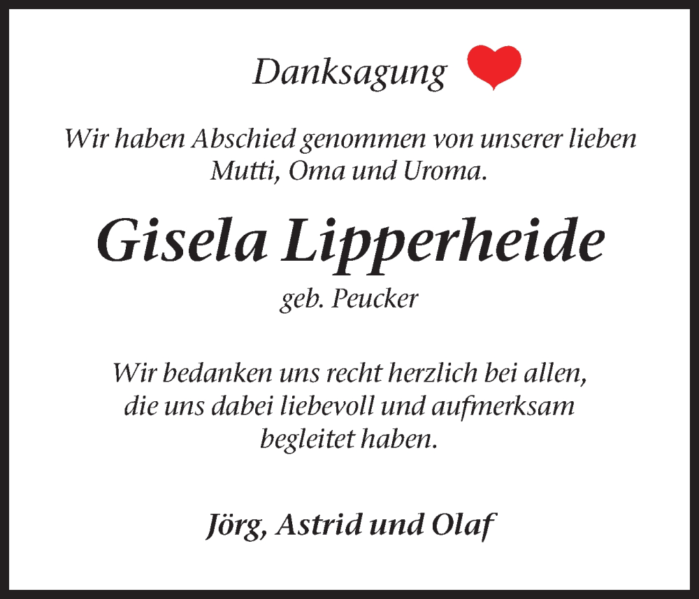  Traueranzeige für Gisela Lipperheide vom 24.01.2026 aus Stadtanzeiger Castrop-Rauxel