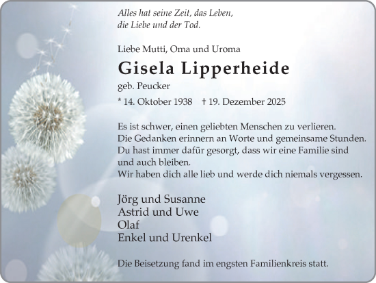 Traueranzeige von Gisela Lipperheide von Stadtanzeiger Castrop-Rauxel