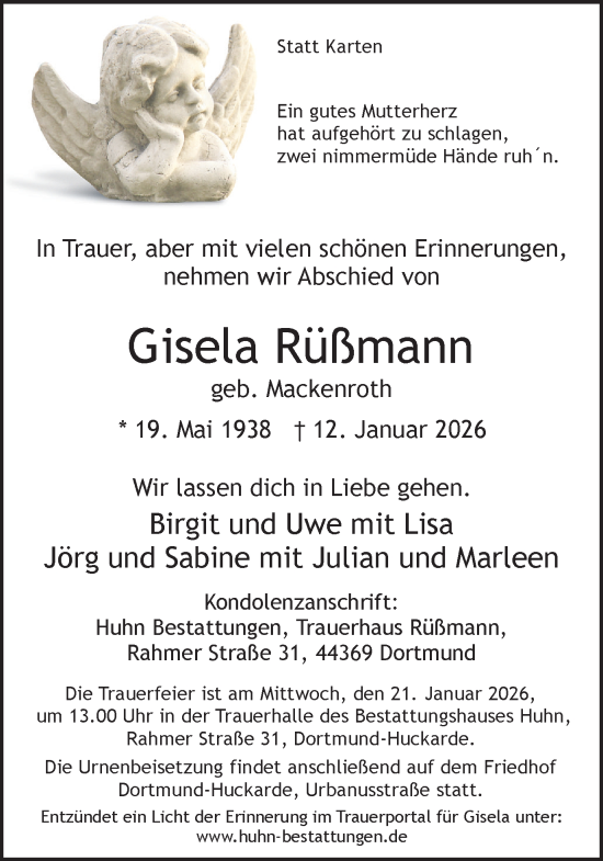 Traueranzeige von Gisela Rüßmann von Ruhr Nachrichten