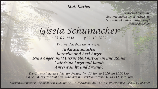 Traueranzeige von Gisela Schumacher von Ruhr Nachrichten