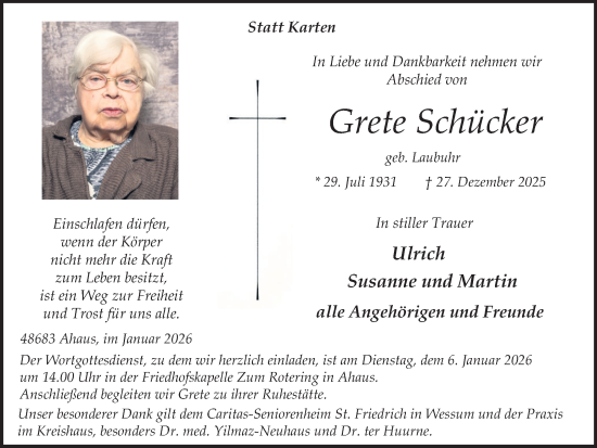 Traueranzeige von Grete Schücker von Münsterland Zeitung