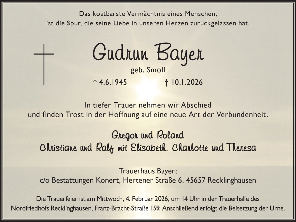 Traueranzeige für Gudrun Bayer vom 31.01.2026 aus Trauer Vest