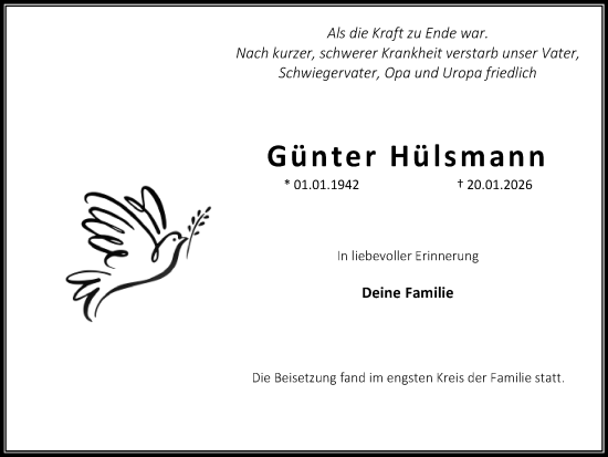 Traueranzeige von Günter Hülsmann von Stadtanzeiger Castrop-Rauxel