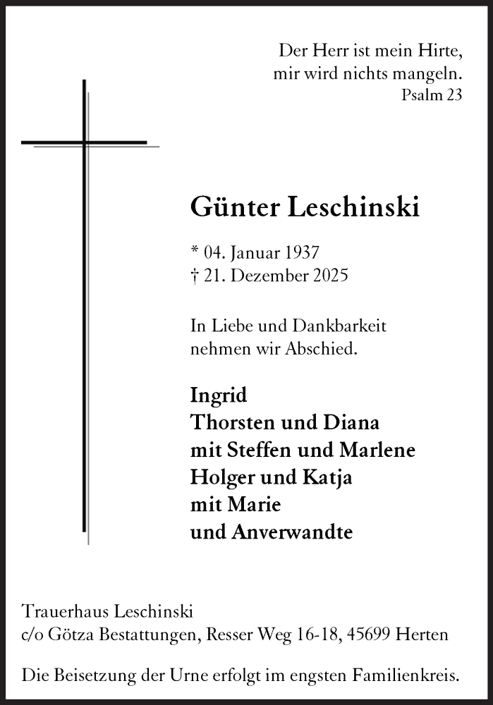  Traueranzeige für Günter Leschinski vom 10.01.2026 aus Trauer Vest