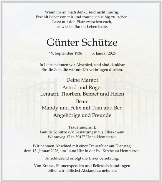 Traueranzeige von Günter Schütze von Hellweger Anzeiger