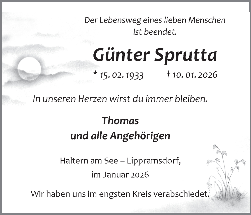  Traueranzeige für Günter Sprutta vom 28.01.2026 aus Ruhr Nachrichten und Halterner Zeitung